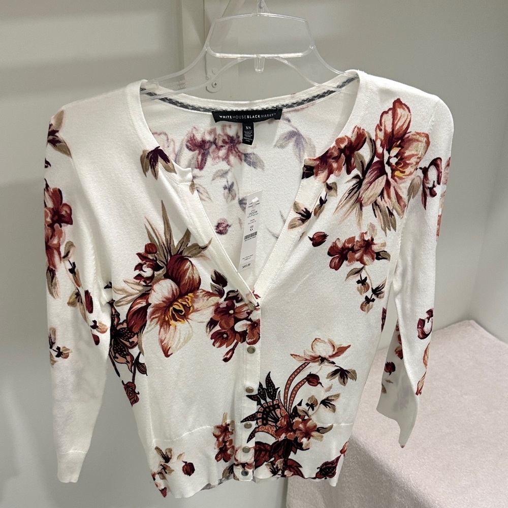 Floral Button Cardigan | Size XS | Color Ecru with Pink Tint | WHBM